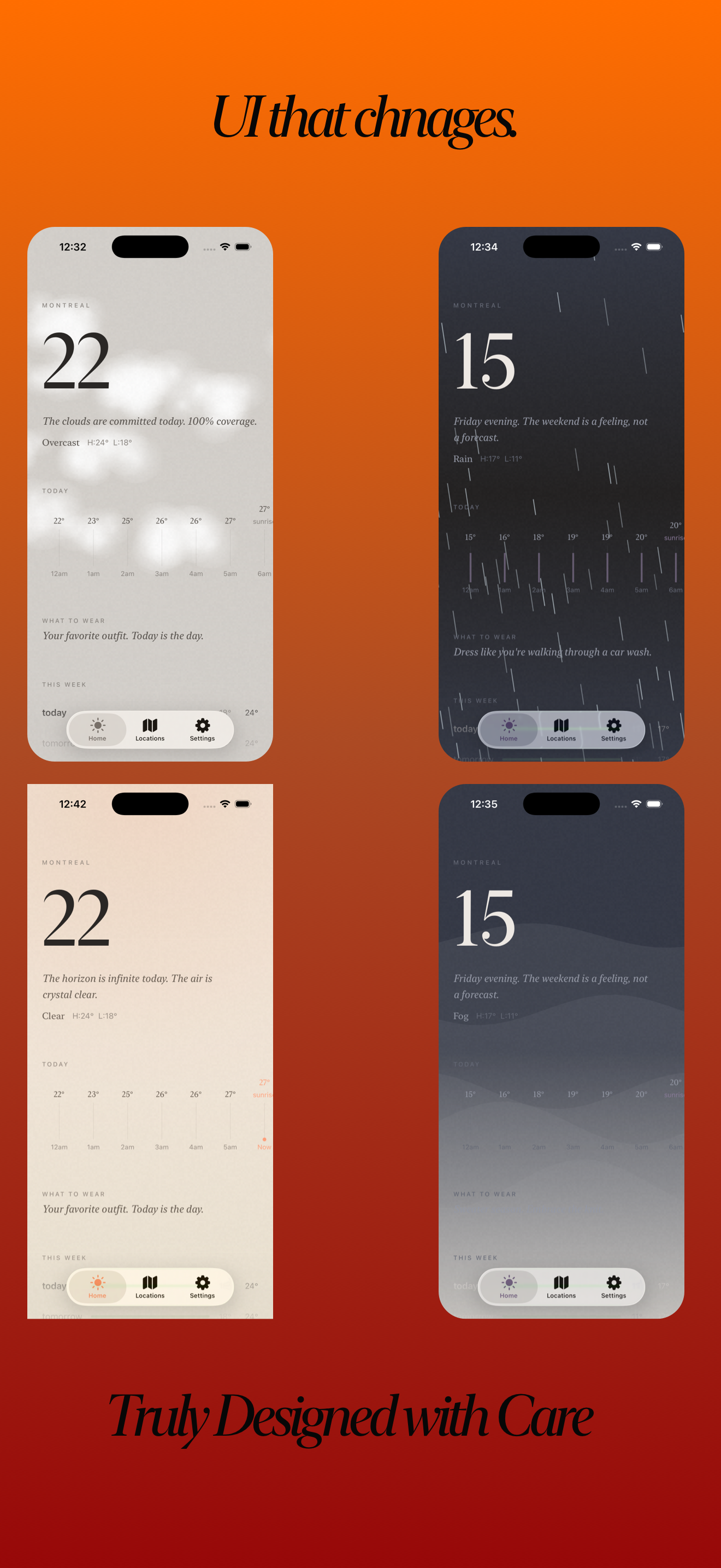 Four weather conditions showing adaptive UI: overcast, rain, clear, and fog